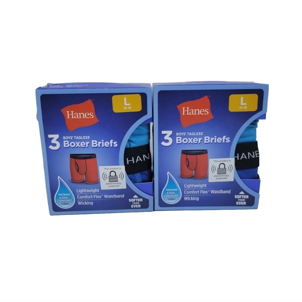Lot of 2 Hanes Boy's Tagless Boxer Briefs L/G 14-16 Wicking Cool Comfort Fabric
